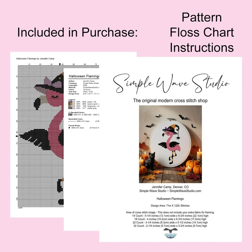 Halloween Flamingo Witch Funny Cross Stitch Pattern